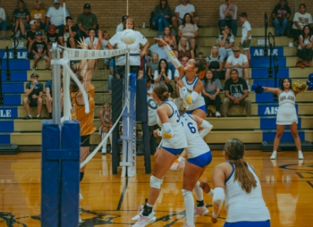 San Juan senior Adi Ivins drives the ball over the net against Union on August 7 as Havoc Laws (#34), Olivia Nielson (#6), and Kyliea Taylor (bottom right) provide backup. The Lady Broncos are 6-4 after sweeping the first two Region 18 games of the season last week and look to keep it going with two more this week. Brooke Pehrson photo