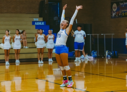 San Juan junior Aspyn Ivins celebrates a point against Grand County on September 3.  Brooke Pehrson photo