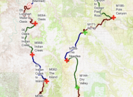 Map of the Moab 240. Racers were held up at the Bridger Jack checkpoint due to flooding along the path. Image from DestinationTrailRun org