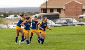 The San Juan girls soccer team celebrates a recent goal. Pictured (left to right) are Ari Adams, Ellie Beck, Brooklyn Lameman, and Brooklyn Pincock. The Lady Broncos are looking to get back in the win column after suffering losses in their last three games.  Brooke Pehrson photo