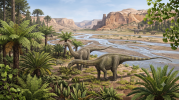 Dystrophaeus viaemalae in what AI suggests East Canyon might have looked like 155 million years ago.  AI artwork